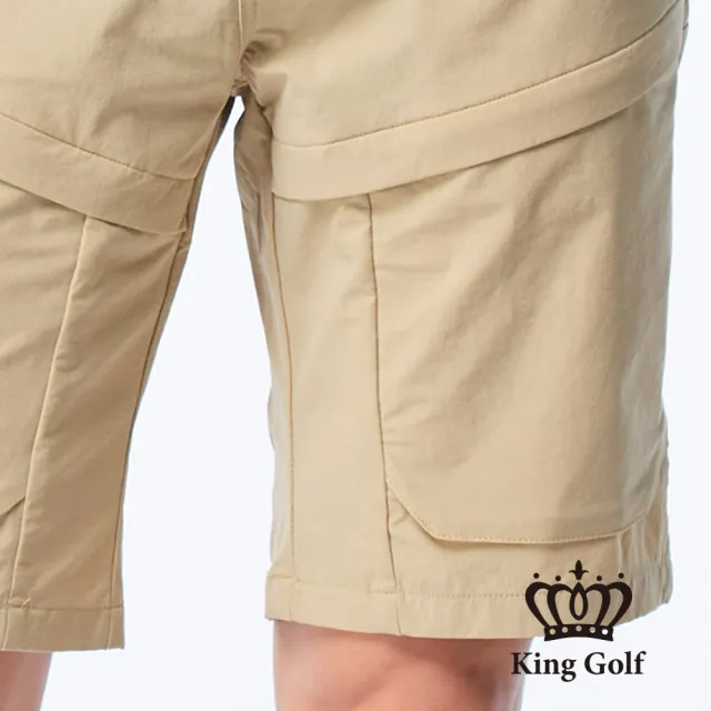 【KING GOLF】網路獨賣款-速達-LOGO燙標口袋造型立體剪裁彈性高爾夫球短褲(卡其)