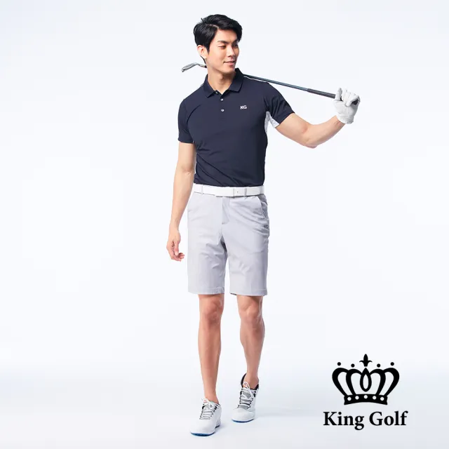 【KING GOLF】網路獨賣款-速達-男款細格紋印圖修身彈性高爾夫球短褲(灰色)