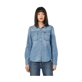 【Lee 官方旗艦】女裝 牛仔長袖襯衫 / 拼接雙口袋 中藍洗水 標準版型(LL220069281)