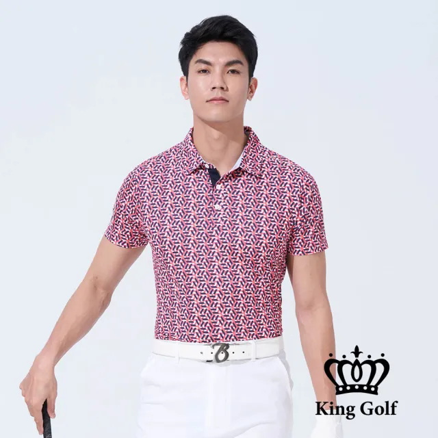 【KING GOLF】網路獨賣款-速達-男款六角條紋幾何印圖開襟POLO衫/高爾夫球(紅色)