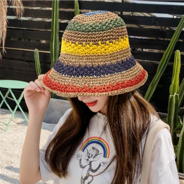 【MGSHOP】日系手工紙草編織草帽 遮陽帽 海灘帽(彩色條紋款/2色)