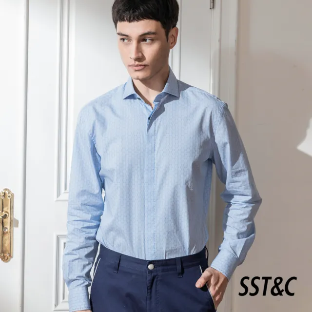 【SST&C 最後５５折】舒適純棉藍色迴型印花襯衫0312203022