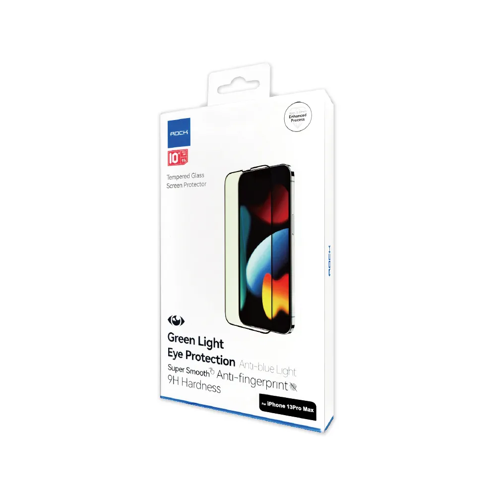 【ROCK洛克】iphone 13 Pro Max 6.7吋綠光膜抗藍光9H鋼化玻璃蘋果手機螢幕保護貼膜1片/盒(高清護眼防塵)
