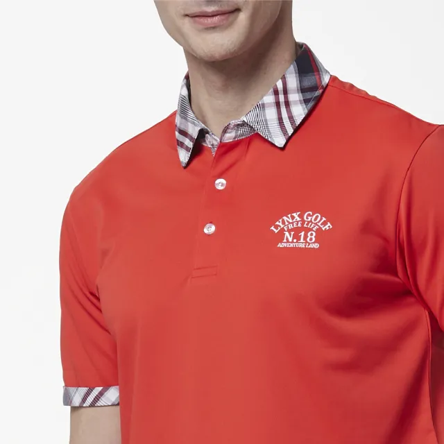 【Lynx Golf】男款吸濕排汗素面基本款格子配布設計短袖POLO衫(紅色)