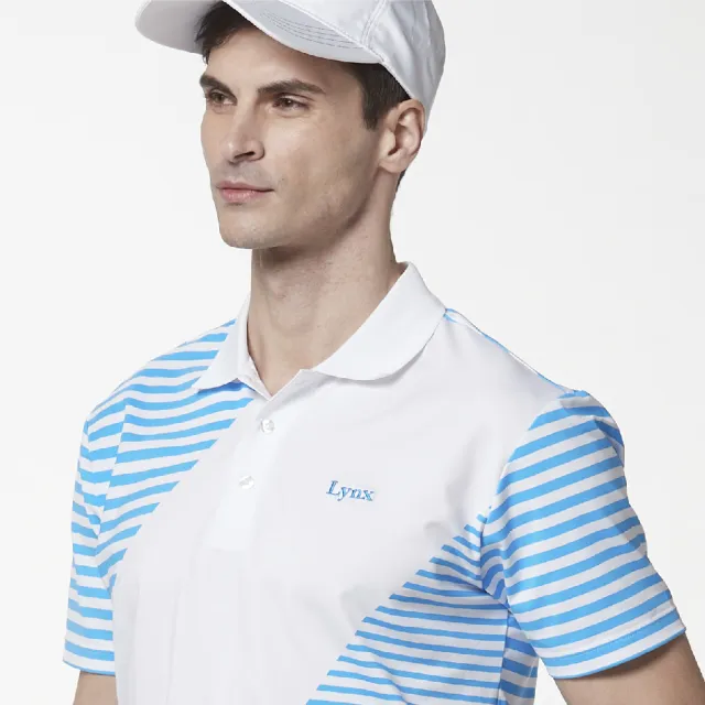 【Lynx Golf】男款吸汗速乾羅紋領橫條背後滿版印花短袖立領POLO衫(白色)
