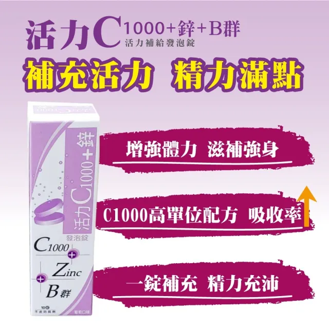 【雅譽生醫】活力C1000+鋅 發泡錠15顆/盒(維生素C1000 發泡錠 高單位)