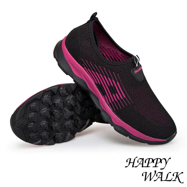 【HAPPY WALK】飛織流線撞色A字造型套腳式懶人休閒鞋(黑玫紅)