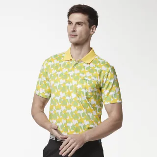 【Lynx Golf】男款吸濕排汗羅紋領滿版大千鳥紋印花胸袋款短袖POLO衫(黃色)
