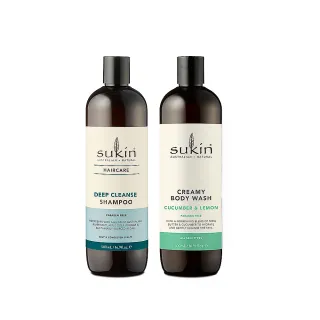 【Sukin】清新洗沐兩件組 500ml  深層淨化洗髮乳+乳霜沐浴乳(100%純植萃的安心保證)