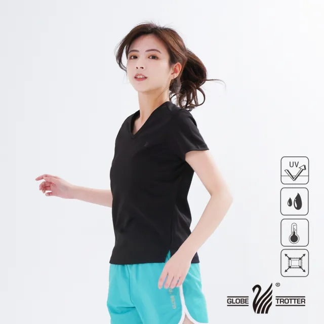 【遊遍天下】MIT台灣製女款涼爽顯瘦抗UV防曬涼感吸濕排汗機能V領衫 黑色(S-3L 大尺碼)