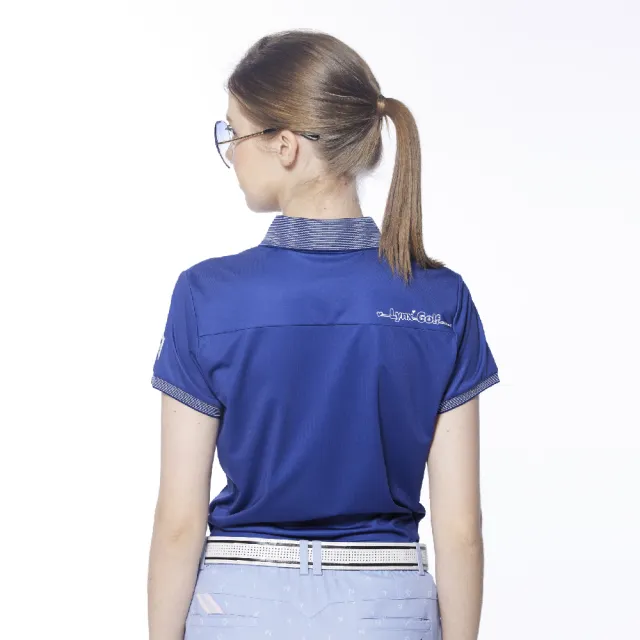 【Lynx Golf】女款吸溼排汗羅紋配布簡約Lynx字樣印花設計短袖POLO衫/高爾夫球衫(深藍色)