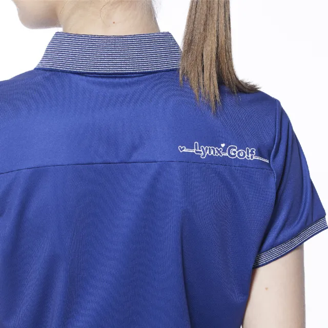 【Lynx Golf】女款吸溼排汗羅紋配布簡約Lynx字樣印花設計短袖POLO衫/高爾夫球衫(深藍色)