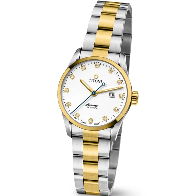 【TITONI 梅花錶】空中霸王系列自動機械女錶-白色錶盤不鏽鋼間金色錶帶/29mm(23743 SY-582)