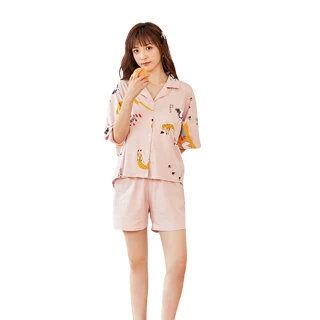 【漫時光】女生純棉鈕扣款短袖短褲春夏居家服睡衣套裝有口袋 粉色動物 M-XL 80237(流行睡衣/家居服)