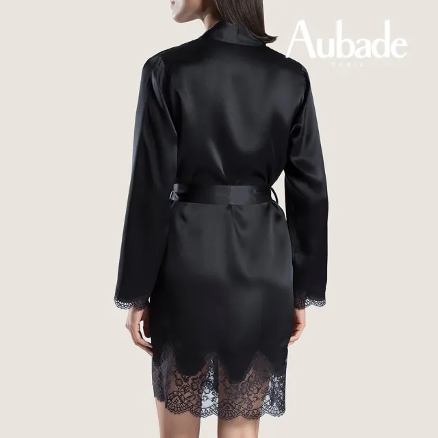 【Aubade】摯愛蠶絲長袖膝上外袍  蕾絲性感睡衣 女睡衣 法國進口居家服(QS-黑)