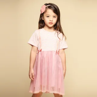 【Azio Kids 美國派】女童  洋裝 蕾絲造型肩帶橫條紋網紗短袖洋裝(粉)