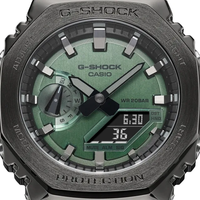 CASIO 卡西歐】G-SHOCK 八角金屬錶殼雙顯手錶(灰x綠_GM-2100B-3A