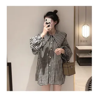 【illi】春秋款 棉質造型黑白格紋上衣 排釦三角領寬鬆版