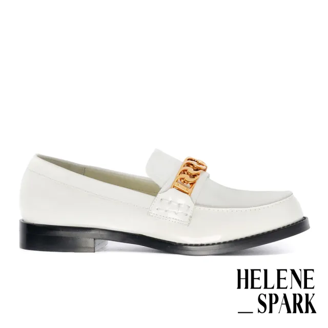 【HELENE SPARK】復古個性麻花鏈亮感牛皮樂福低跟鞋(白)