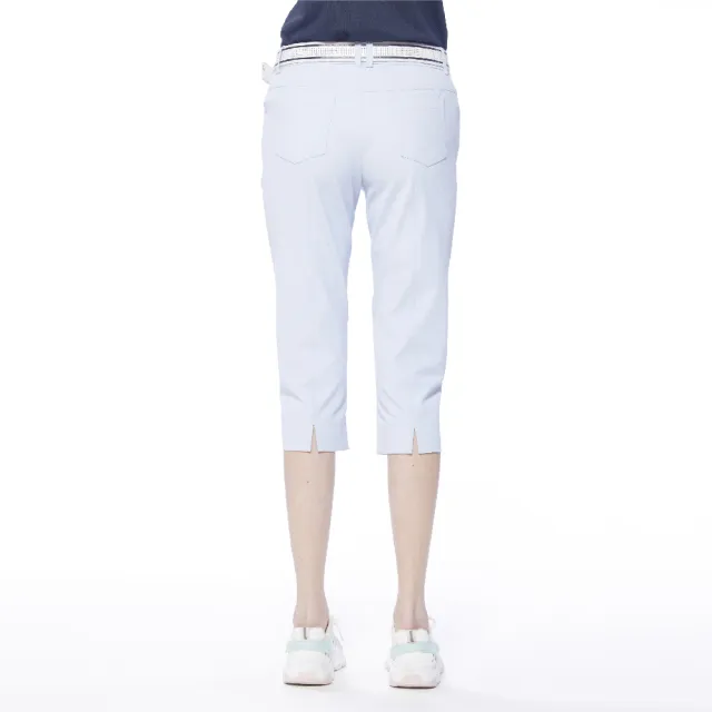 【Lynx Golf】女款日本布料吸汗速乾舒適配色口袋褲腳開衩窄管七分褲(淺藍色)