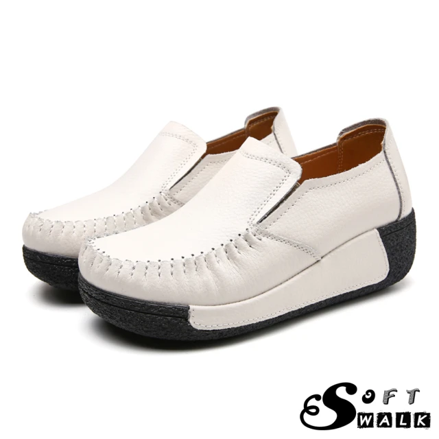 【SOFT WALK 舒步】真皮樂福鞋 厚底樂福鞋/真皮舒適寬楦手工縫線復古厚底坡跟樂福鞋(米)