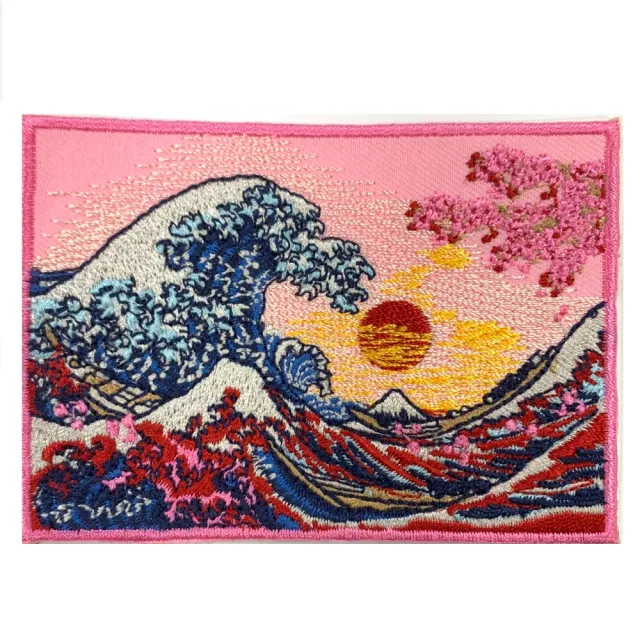 【A-ONE 匯旺】神奈川沖浪裏 粉紅櫻花 日本浮世繪 PATCH 刺繡背膠補丁 袖標 布標 布貼(NO.365)