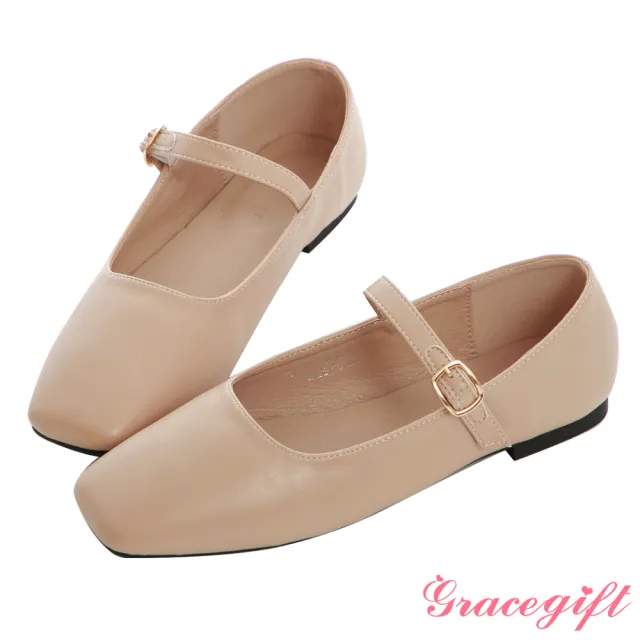 【Grace Gift】微方頭素面平底瑪莉珍鞋(卡其)