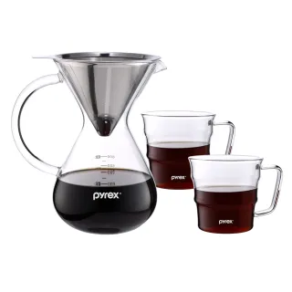 【CorelleBrands 康寧餐具】Pyrex Cafe 手沖咖啡玻璃壺 600ML+咖啡玻璃杯 300MLX2