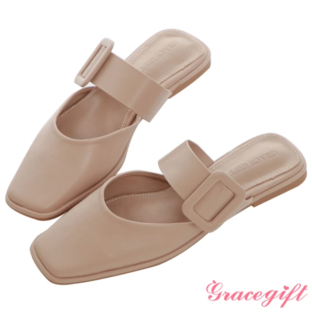 【Grace Gift】方釦造型平底穆勒鞋(卡其)