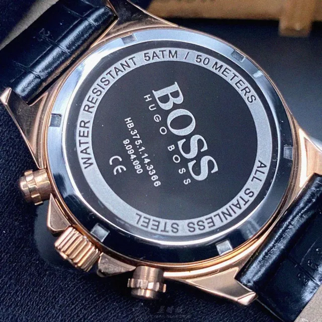 【BOSS】BOSS伯斯男女通用錶型號HB1513753(黑色錶面玫瑰金錶殼深黑色真皮皮革錶帶款)