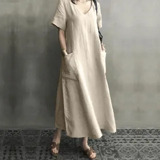 【艾美時尚】中大尺碼女裝 連身裙 棉麻V領寬鬆大口袋洋裝。S-5XL(3色.預購)
