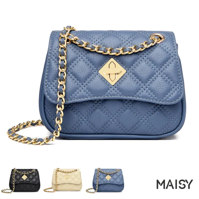 【MAISY】真皮 菱格牛皮十字扣單肩包(真皮包包 現+預 藍色／黑色／米色)