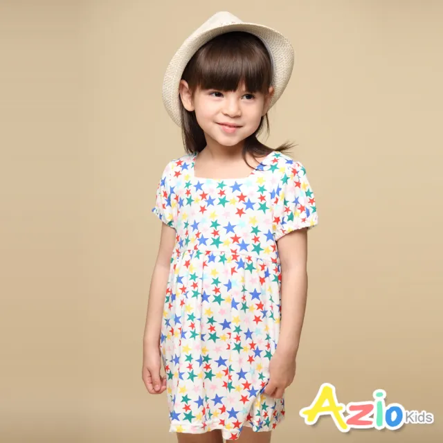 【Azio Kids 美國派】女童  洋裝 滿版彩色星星印花棉質短袖洋裝(白)