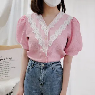 【BBHONEY】韓系甜美蕾絲花邊公主袖V領襯衫(網美必備款)