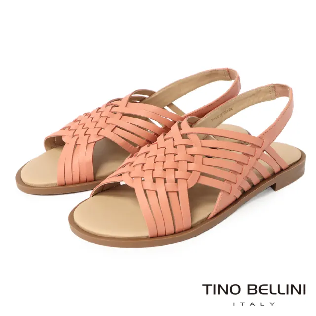 【TINO BELLINI 貝里尼】巴西進口渡假編織風交叉細帶牛皮平底涼鞋FSJO0008(粉)