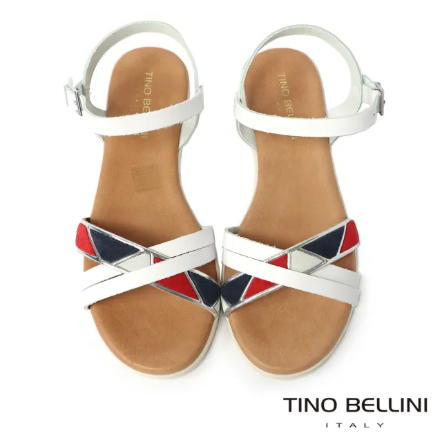 【TINO BELLINI 貝里尼】西班牙進口撞色交叉造型牛皮平底涼鞋FSJT0001(白)