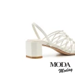 【MODA Moday】簡約交叉線條羊皮方頭粗跟涼鞋(白)