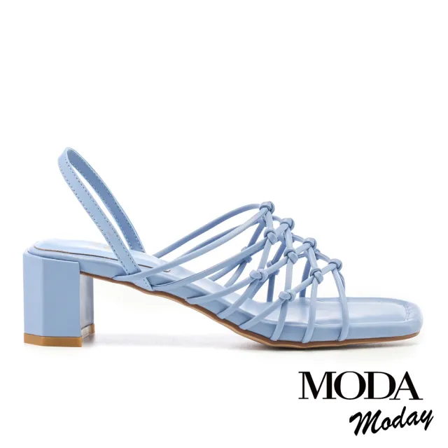 【MODA Moday】簡約交叉線條羊皮方頭粗跟涼鞋(藍)