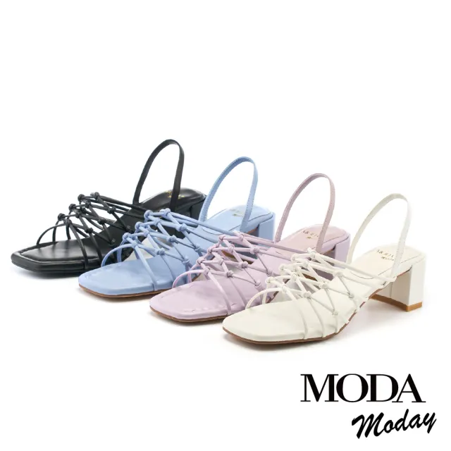 【MODA Moday】簡約交叉線條羊皮方頭粗跟涼鞋(藍)