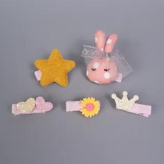 【UNICO】兒童甜美蕾絲兔兔皇冠星星全包邊布邊夾髮夾-5入(髮飾/配件/聖誕)