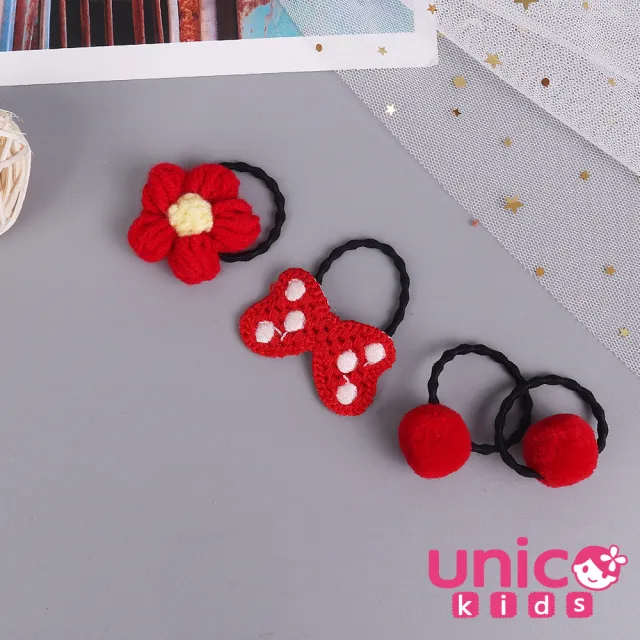 【UNICO】兒童 紅色免子蝴蝶結花花球球造型髮圈6入組(髮飾/配件/聖誕)