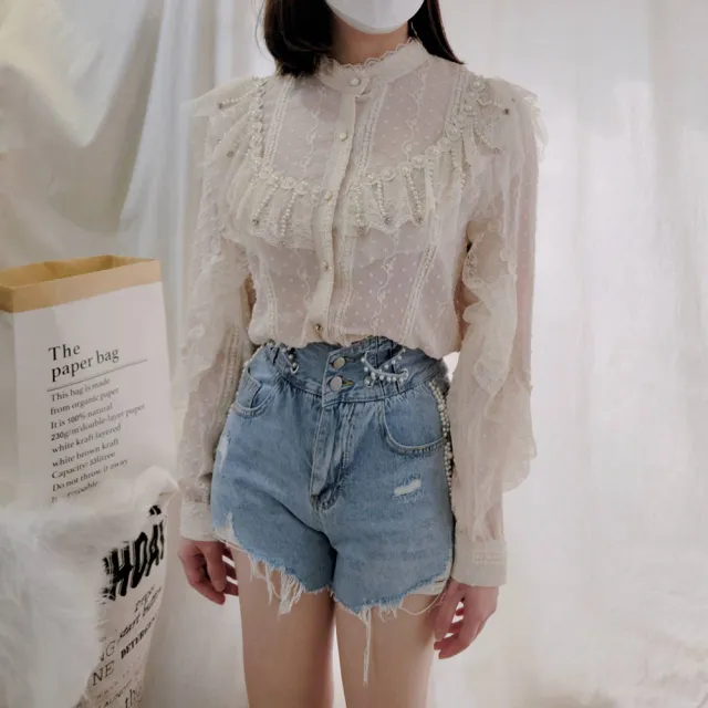 【BBHONEY】韓風質感蕾絲花邊鑲鑽襯衫 蕾絲衫(網美必備款)