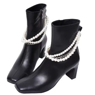 【Ann’S】ANNSTAR詩亞SA聯名-貴氣千金的可拆珍珠銀鍊粗跟短靴6.5cm(黑)