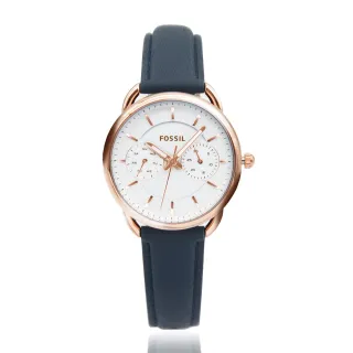 【FOSSIL】白面 玫瑰金框 雙眼日曆標示女錶 玫瑰金刻度 藍色皮革錶帶 情人節(ES4260)