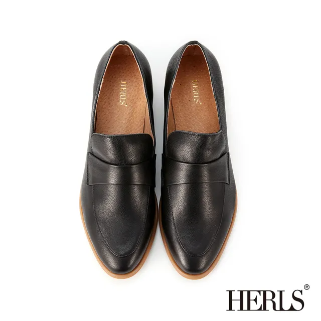 【HERLS】樂福鞋-荔枝紋牛皮橫帶橢圓頭低跟樂福鞋(黑色)