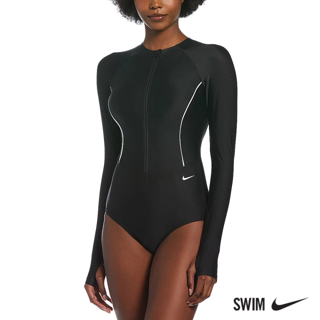【NIKE 耐吉】SWIM 泳裝 女泳裝 連身泳裝 長袖衝浪 黑 NESSB186-001
