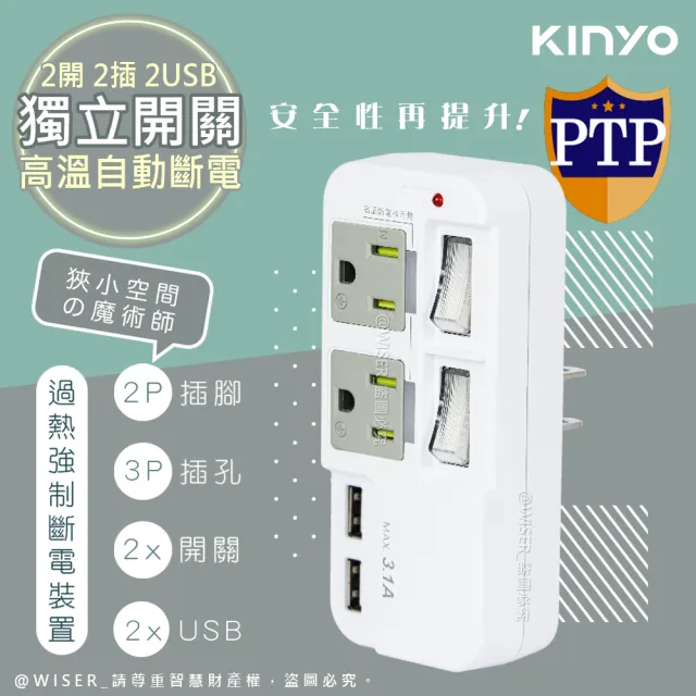 【KINYO】高溫斷電•新安規3P2開2插2USB多插頭分接器/分接式插座(GIU-3222)