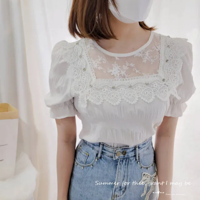 【BBHONEY】韓風重工珍珠水鑽 網紗蕾絲拼接上衣(網美必備款)