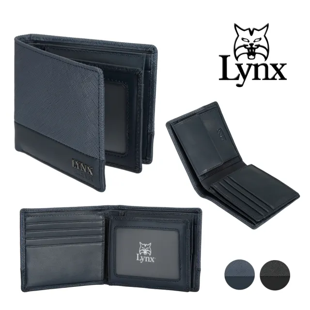 【Lynx】美國山貓進口牛皮十字紋零錢袋短夾男夾錢包(藍色)