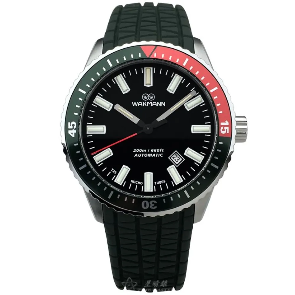 WAKMANN威克曼男錶型號WA00007(黑色錶面深綠色錶殼綠矽膠錶帶款)